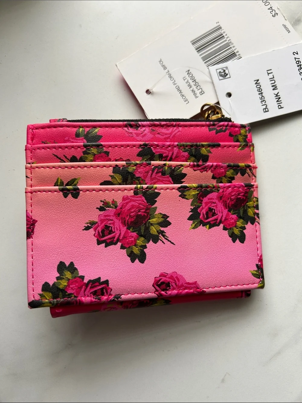 Betsey Johnson Hot Pink Floral & Leopard Trim Card Wallet with Turn-Lock
